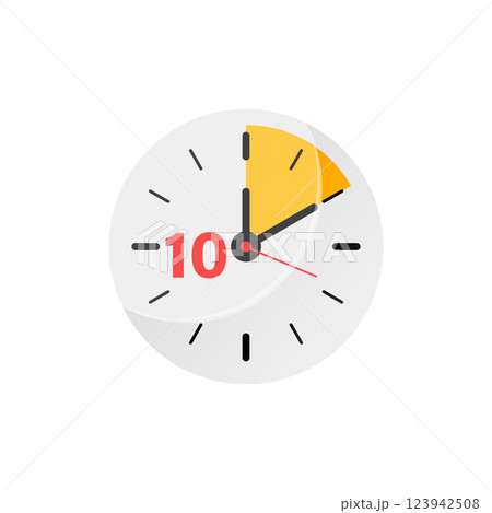 10 minutes on stopwatch icon in flat style. Clock face timer vector illustration on isolated background. Countdown sign business concept. 10 minutes on stopwatch icon in flat style. Clock face timer vector illustration on isolated background. Countdown sign business concept. 123942508