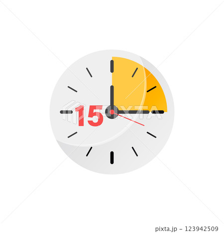 15 minutes on stopwatch icon in flat style. Clock face timer vector illustration on isolated background. Countdown sign business concept. 15 minutes on stopwatch icon in flat style. Clock face timer vector illustration on isolated background. Countdown sign business concept. 123942509
