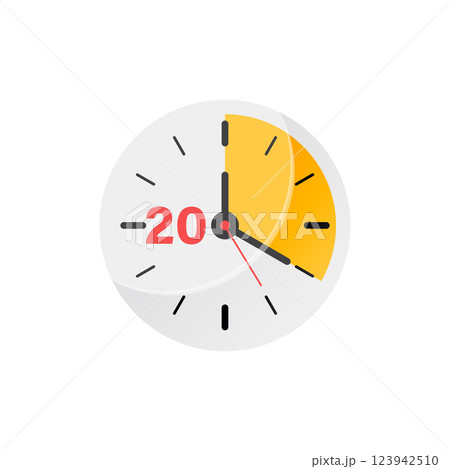 20 minutes on stopwatch icon in flat style. Clock face timer vector illustration on isolated background. Countdown sign business concept. 20 minutes on stopwatch icon in flat style. Clock face timer vector illustration on isolated background. Countdown sign business concept. 123942510