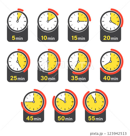 From 5 minutes to 55 minutes on stopwatch icon set collection in flat style. Clock face timer vector illustration on isolated background. Countdown sign business concept. 123942513