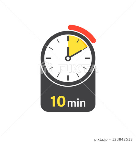 10 minutes on stopwatch icon in flat style. Clock face timer vector illustration on isolated background. Countdown sign business concept. 10 minutes on stopwatch icon in flat style. Clock face timer vector illustration on isolated background. Countdown sign business concept. 123942515