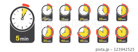 From 5 minutes to 55 minutes on stopwatch icon set collection in flat style. Clock face timer vector illustration on isolated background. Countdown sign business concept. 123942525