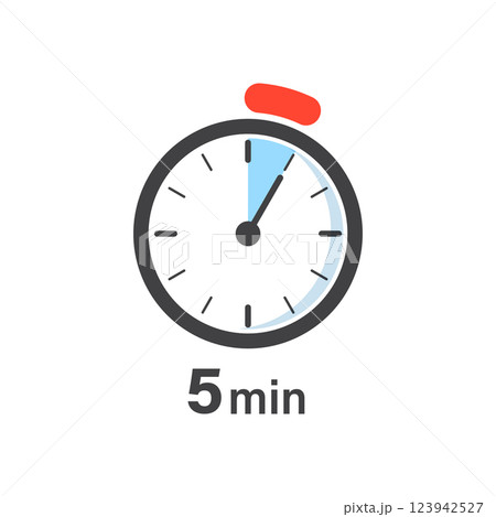 5 minutes on stopwatch icon in flat style. Clock face timer vector illustration on isolated background. Countdown sign business concept. 5 minutes on stopwatch icon in flat style. Clock face timer vector illustration on isolated background. Countdown sign business concept. 123942527