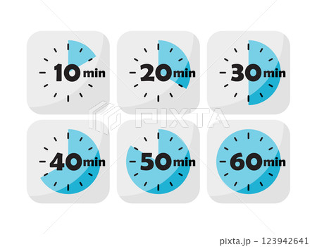 From 10 minutes to 60 minutes on stopwatch icon set collection in flat style. Clock face timer vector illustration on isolated background. Countdown sign business concept. 123942641