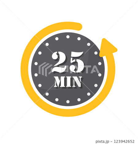 25 minutes on stopwatch icon in flat style. Clock face timer vector illustration on isolated background. Countdown sign business concept. 25 minutes on stopwatch icon in flat style. Clock face timer vector illustration on isolated background. Countdown sign business concept. 123942652