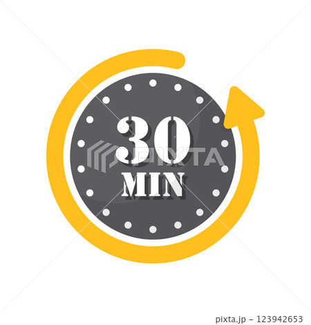 30 minutes on stopwatch icon in flat style. Clock face timer vector illustration on isolated background. Countdown sign business concept. 30 minutes on stopwatch icon in flat style. Clock face timer vector illustration on isolated background. Countdown sign business concept. 123942653