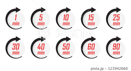 From 1 minite to 90 minutes on stopwatch icon in flat style. Clock face timer vector illustration on isolated background. Countdown sign business concept. From 1 minite to 90 minutes on stopwatch icon in flat style. Clock face timer vector illustration on isolated background. Countdown sign business concept. 123942660