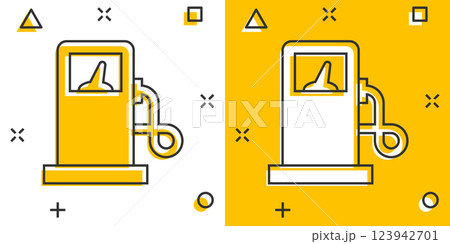 Fuel pump icon in comic style. Gas station cartoon sign vector illustration on white isolated background. Petrol splash effect business concept. 123942701