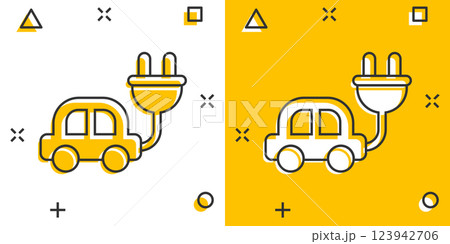 Electric car icon in comic style. Electro auto cartoon vector illustration on white isolated background. Ecology transport splash effect business concept. Electric car icon in comic style. Electro auto cartoon vector illustration on white isolated background. Ecology transport splash effect business concept. 123942706