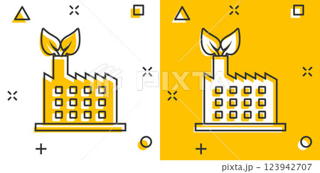 Factory ecology icon in comic style. Eco plant cartoon vector illustration on white isolated background. Nature industry splash effect business concept. 123942707