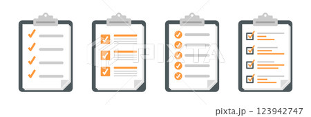 Clipboard with checklist icon set in flat style. Planning and organization of work vector illustration on isolated background. Document sign business concept. 123942747