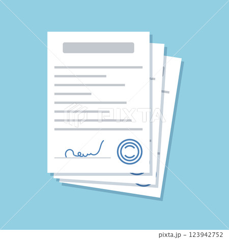 Document with stamp and text icon in flat style. White papers vector illustration on isolated background. Confirmed or approved document sign business concept. Document with stamp and text icon in flat style. White papers vector illustration on isolated background. Confirmed or approved document sign business concept. 123942752