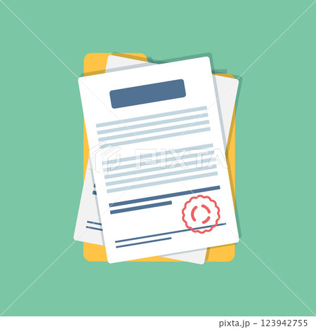 Document, folder with stamp and text icon in flat style. White papers vector illustration on isolated background. Confirmed or approved document sign business concept. Document, folder with stamp and text icon in flat style. White papers vector illustration on isolated background. Confirmed or approved document sign business concept. 123942755