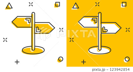 Crossroad signpost icon in comic style. Road direction cartoon vector illustration on white isolated background. Roadsign splash effect business concept. 123942854