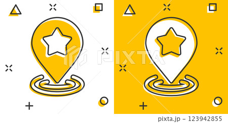 Map pin icon in comic style. GPS navigation cartoon vector illustration on white isolated background. Locate position splash effect business concept. Map pin icon in comic style. GPS navigation cartoon vector illustration on white isolated background. Locate position splash effect business concept. 123942855