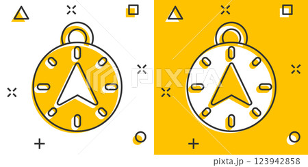 Compass icon in comic style. Navigation equipment cartoon vector illustration on white isolated background. Journey direction splash effect business concept. 123942858