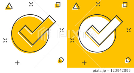 Check mark sign icon in comic style. Confirm button cartoon vector illustration on white isolated background. Accepted splash effect business concept. Check mark sign icon in comic style. Confirm button cartoon vector illustration on white isolated background. Accepted splash effect business concept. 123942893