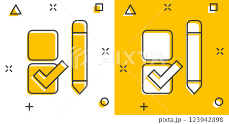 Checklist document icon in comic style. Survey cartoon vector illustration on white isolated background. Check mark choice splash effect business concept. 123942898