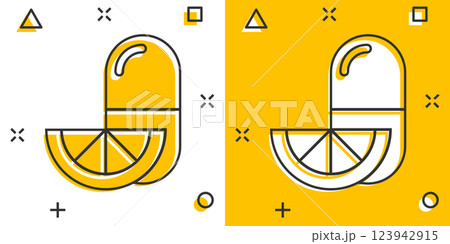 Vitamin pill note icon in comic style. Capsule cartoon vector illustration on white isolated background. Antibiotic splash effect sign business concept. 123942915