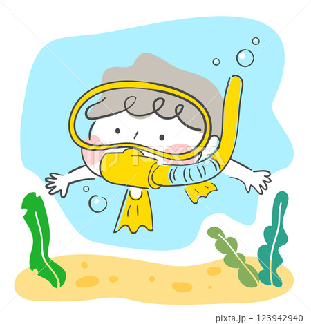 Character illustration of a child snorkeling in the sea 123942940