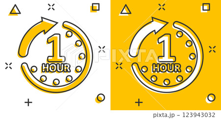 1 hour clock icon in comic style. Timer countdown cartoon vector illustration on isolated background. Time measure splash effect sign business concept. 123943032