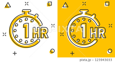 1 hour clock icon in comic style. Timer countdown cartoon vector illustration on isolated background. Time measure splash effect sign business concept. 1 hour clock icon in comic style. Timer countdown cartoon vector illustration on isolated background. Time measure splash effect sign business concept. 123943033