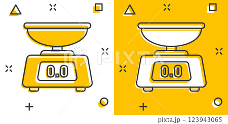 Bathroom weight scale icon in comic style. Mass measurement cartoon vector illustration on isolated background. Overweight splash effect sign business concept. 123943065
