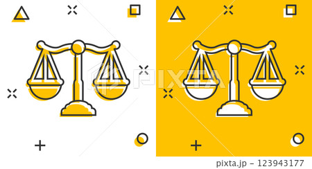 Scales icon in comic style. Libra cartoon vector illustration on isolated background. Mass comparison splash effect sign business concept. Scales icon in comic style. Libra cartoon vector illustration on isolated background. Mass comparison splash effect sign business concept. 123943177