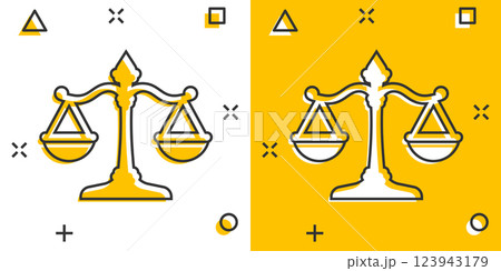 Scales icon in comic style. Libra cartoon vector illustration on isolated background. Mass comparison splash effect sign business concept. 123943179