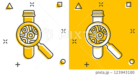 Blood test tube icon in comic style. Hematology cartoon vector illustration on isolated background. Laboratory flask splash effect sign business concept. 123943180