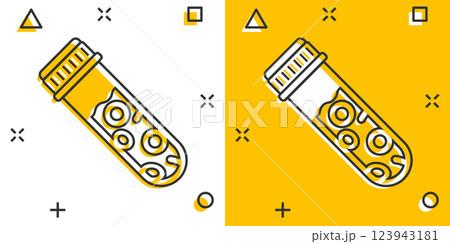 Blood test tube icon in comic style. Hematology cartoon vector illustration on isolated background. Laboratory flask splash effect sign business concept. 123943181