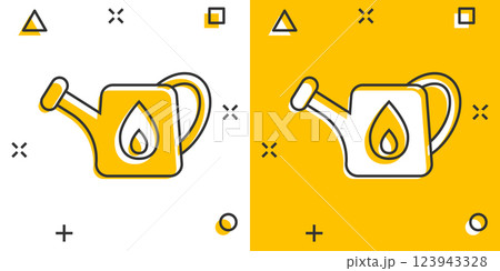 Watering can icon in comic style. Garden tool cartoon vector illustration on white isolated background. Cultivate growth splash effect sign business concept. 123943328