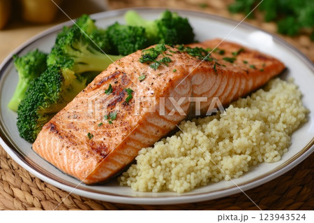 Plate of grilled salmon with steamed broccoli and couscous. 123943524