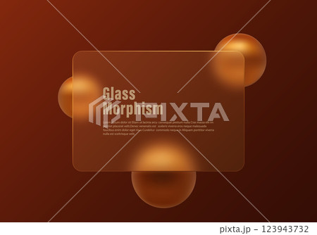 Brown gradient background with imitation glass partition and bronze colored spheres. Template landing page of the site in the style of glass morphism. 123943732