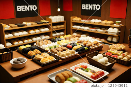 ミニチュア風のお弁当屋さん｜彩り豊かに並ぶミニチュア弁当 123943911