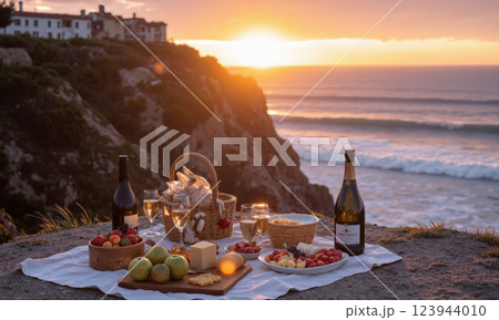 Coastal Cliffside Sunset Picnic A cozy picnic set on the edge of a cliff, with a blanket, fresh fruit, cheeses, and sparkling wine, 123944010