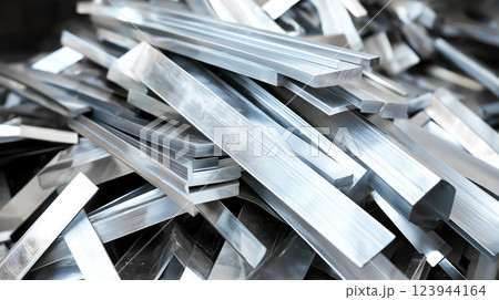 Close-up view of aluminum scrap material for recycling, consisting of long, rectangular bars stacked together. Value of reusing aluminum scrap metals and their role in recycling process Close-up view of aluminum scrap material for recycling, consisting of long, rectangular bars stacked together. Value of reusing aluminum scrap metals and their role in recycling process 123944164