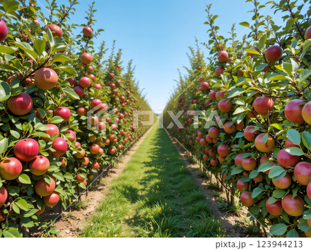 Orchard with an impressive crop of bright red ripe apples Orchard with an impressive crop of bright red ripe apples 123944213