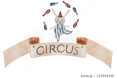 Circus watercolor banner. Hand drawn cute animal on isolated white background. Clip art bunny juggler with a sign circus. Perfect for cards for baby shower and birthdays 123944380