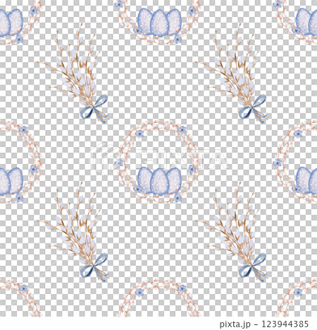 Easter seamless watercolor pattern. Festive Easter ornament on an isolated white background. Clip art of painted eggs with a willow wreath.Ideal for decorating Easter cake wrapping paper and holiday Easter seamless watercolor pattern. Festive Easter ornament on an isolated white background. Clip art of painted eggs with a willow wreath.Ideal for decorating Easter cake wrapping paper and holiday 123944385