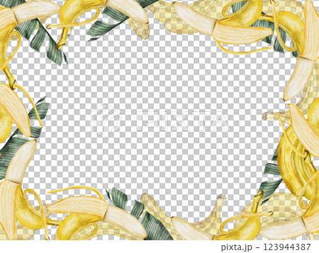 Banana watercolor frame. Hand drawn ripe tropical fruit and leaves. Clip art isolated on white background realistic exotic plant. Ideal for designing menus, price tags, labels and packaging of natural 123944387