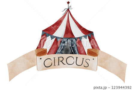 Vintage Circus Tent Illustration. Clip art with circus sign and sign. Hand drawn cute. Perfect for birthday and baby shower invitations. 123944392