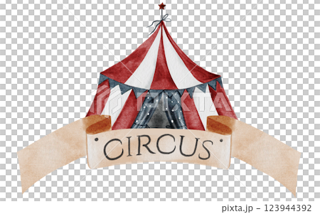 Vintage Circus Tent Illustration. Clip art with circus sign and sign. Hand drawn cute. Perfect for birthday and baby shower invitations. 123944392