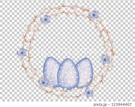Easter card watercolor. Festive Easter card on an isolated white background. Clip art of painted eggs with a willow wreath.. Ideal for invitations 123944407