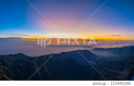 Aerial View of Bromo volcano receives its first glimpse of light 123945206
