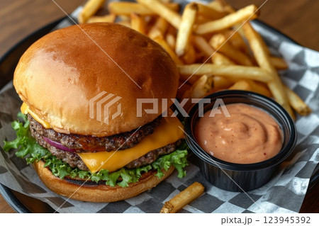 Cheeseburger with fries and sauce. 123945392