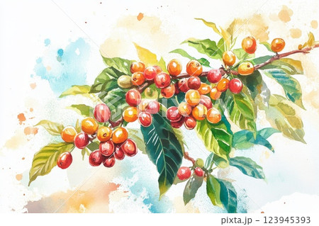 Coffee bushes with ripe coffee beans, illustration. 123945393