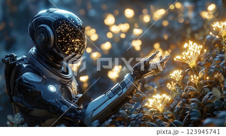A futuristic robotic astronaut admires glowing bioluminescent flowers in an otherworldly environment. Generated AI. 123945741