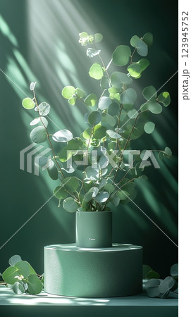 A eucalyptus plant in a green pot placed on a textured podium, illuminated by soft sunlight. Generated AI. 123945752