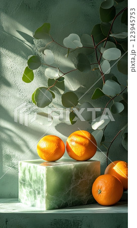 Oranges on a green marble podium, with eucalyptus branches and soft sunlight creating a natural ambiance. Generated AI. 123945753